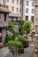 View of the facade of old buildings in the Bana Hills, Danang, French Village, Vietnam