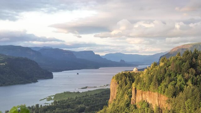 Spectacular timelapse Vista House Crown Point Museum at the Columbia River Gorge outside of Portland, Oregon where people come to enjoy the scenic views.