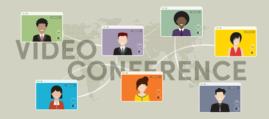 People in meeting by video conference working from home. Business discussion, web chatting, online meeting friends in video call. Group of people talking by internet in social distancing.