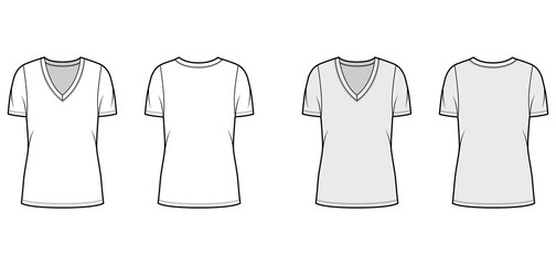 Deep V-neck jersey t-shirt technical fashion illustration with short sleeves, oversized body, tunic length. Flat top apparel template front, back, white grey color. Women, men unisex outfit CAD mockup