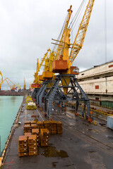 Odessa, Ukraine - October 13, 2016: Container cranes in cargo port terminal, cargo cranes without job in an empty harbor port. A crisis. Defaulted paralyzed entire economy