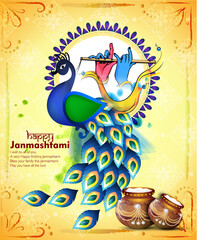 illustration of Happy Janmashtami festival of India with Lord Krishna with matki of dahi handi and playing flute(bansuri)