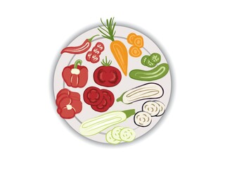 Plate with sliced fresh vegetables, food on a white background