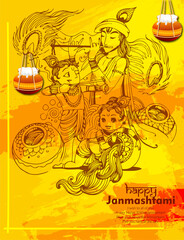 illustration of Happy Janmashtami festival of India with Lord Krishna with matki of dahi handi and playing flute(bansuri)