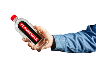 Isolated male hand in shirt holding flammable liquid bottle.