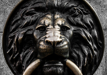 Fototapeta na wymiar Scrached metal lion head bas-relief closeup.