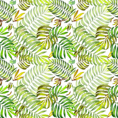 Fototapeta na wymiar Watercolor colorful pattern with palm leaves. White background.