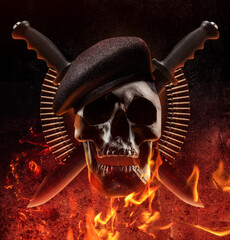 Concept collage of military soldier skull with beret , knives and bullet shells.