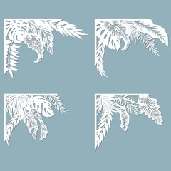 Set feathers. Laser cut template of openwork vector silhouette. For envelope with ornate floral ornament. Decorative design pattern for holiday - obrazy, fototapety, plakaty