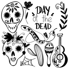 Cute kawaii death day set skull, lettering, guitar, flower isolated on white background. Doodle digital art outline. Print for banners, coloring page, packaging, invitation, wrapping paper