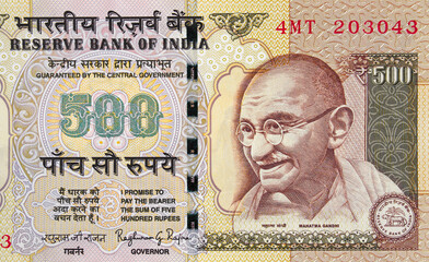Indian currency 500 rupee cancelled banknote, India banned money closeup