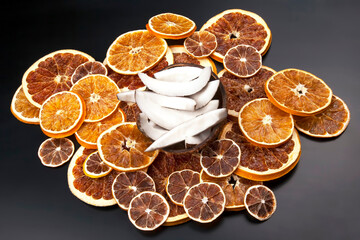 Dried slices of various citrus fruits. vitamin citrus fruits for healthy food