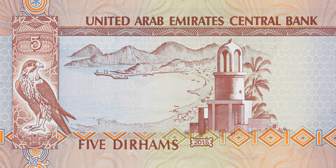United Arab Emirates five dirham banknote, UAE Emirati money closeup - obrazy, fototapety, plakaty