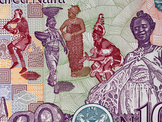Traditional african dancers on Nigeria 100 naira banknote close up macro, Nigerian money closeup