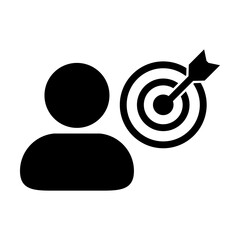 Opportunity icon vector bullseye target dartboard with male user profile avatar symbol for business development goals in glyph pictogram illustration