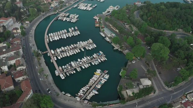 Aerial view of Tarabya private yacht harbor. 4K Footage in Turkey