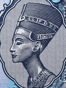 Nefertiti head portrait on Egypt 50 piastres banknote macro, money closeup. Ancient famous egyptian queen.