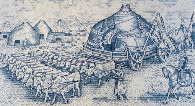 Mongolian yurts in motion on Mongolia 1000 Tugrik banknote closeup macro