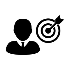 Game icon vector bullseye target dartboard with male user profile avatar symbol for business development goals in glyph pictogram illustration