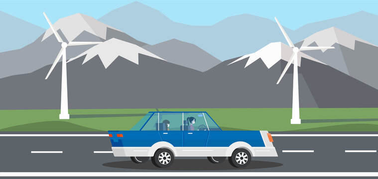 A family in protective masks rides in a vacation, trip with a car. The car rides along the road in the hills, against the backdrop of mountain and windmills.