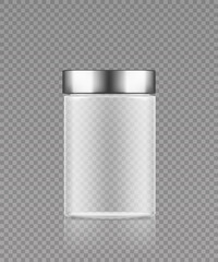 Empty transparent plastic bottle mockup with silver cap. Packaging design. Blank sport or dietary nutrition, healthcare template. 3d realistic vector illustration