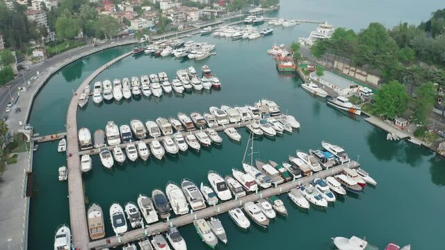 Aerial view of Tarabya private yacht harbor. 4K Footage in Turkey