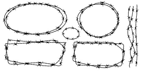 Twisted barbed wire silhouettes set in rounded and square shapes. Vector illustration of steel black wire barb fence frames. Concept of protection, danger or security - obrazy, fototapety, plakaty