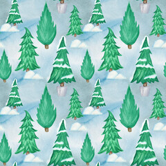 New Year Christmas tree watercolor Seamless pattern background. Hand drawn Illustration for vintage card, scrapbook paper, fabric design texture. Watercolor Winter nature illustration