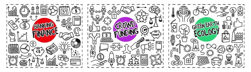Finance, Crowd Funding and Green Earth Ecology doodle icons set