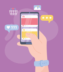 hand with smartphone social network digital communication chatting