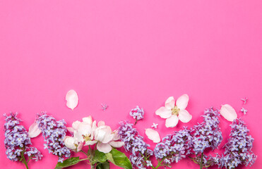 Flat lay view of spring background. Border decorated with lilac flowers and apple blossoms whit lot of copy space.