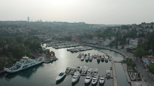 Aerial view Tarabya private yacht harbor. 4K Footage in Turkey
