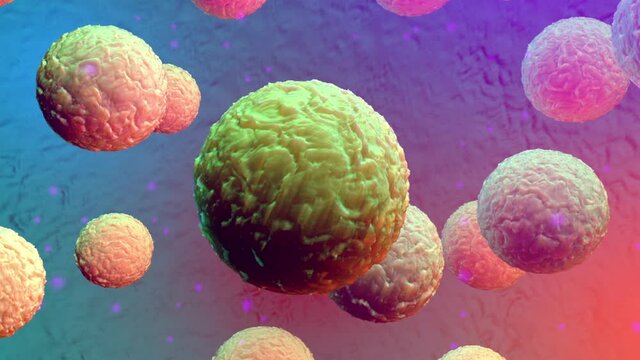 3D animation of irritated and sick human cells in inflamed tissue.