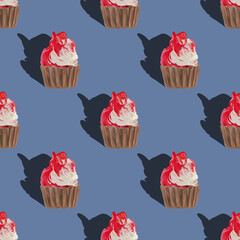 Seamless pattern big cupcakes silhouettes, muffin sweet white cake and red on blue background, top painted with gouache. Texture for desktop wallpaper or culinary blog website. junk food concept