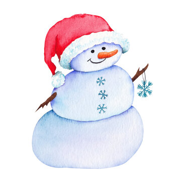 Snowman wearing red fluffy hat.