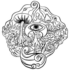 Magic mushrooms. Psychedelic hallucination. Vibrant vector illustration. 60s hippie colorful art in pink pastel goth colors isolated on white. Sticker, patch, poster graphic design.