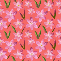 Floral seamless pattern made of flowers Acrilic painting with pink flower buds on coral background. Botanical illustration for fabric and textile, packaging, wallpaper