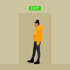 Female character in the doorway with a sign "Exit"