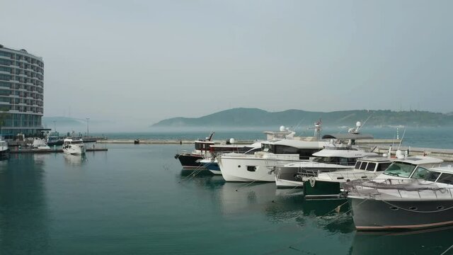 Aerial view of Tarabya private yacht harbor. 4K Footage in Turkey