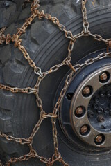 Lorry wheel with chains to drive in the snow

