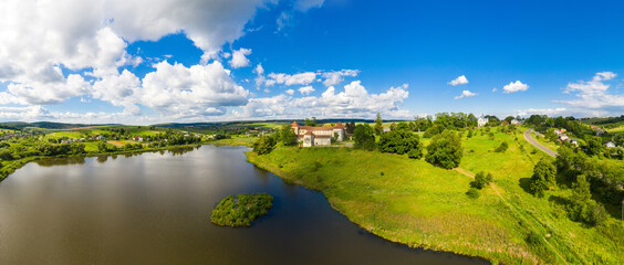 Svirzh castle in Lviv region Ukraine aerial panorama view.