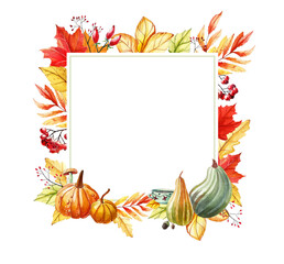 Watercolor autumn illustration. Leaves, mushrooms, berries, pumpkins, acorns and a cup of tea surround a square frame. For banners, invitations, sales. Seasonal hand-drawn design.