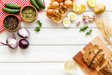 Food background. Dinner table with fresh homemade food. Top view