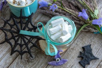 A delicate white marshmallow surrounded by Halloween accessories.