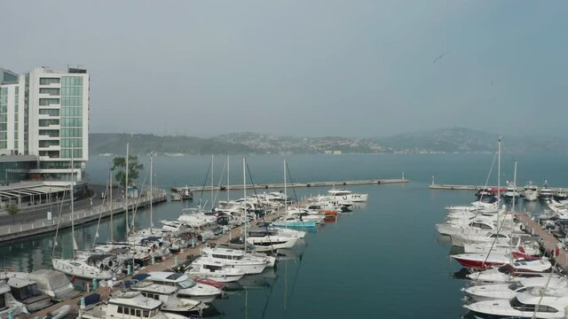 Aerial view of Tarabya private yacht harbor. 4K Footage in Turkey