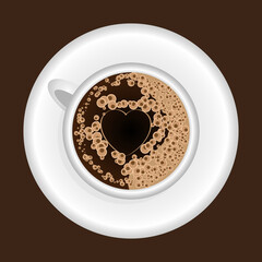 Cup of coffee on a saucer with foam and heart top view. Vector graphic.