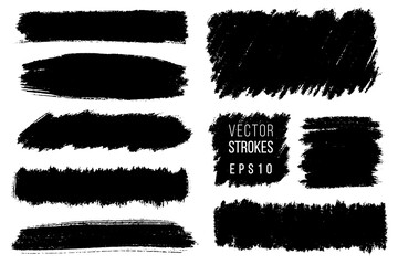 Vector set of hand drawn brush strokes, stains for backdrops. Monochrome design element set. One color monochrome artistic hand drawn backgrounds.