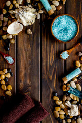Frame of wellness set of spa cosmetics with sea salt and stones