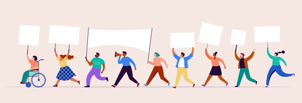 Crowd of protesters holding banners and placards. Political meeting, march, demonstration, parade. Group of men and women activists. Vector illustration