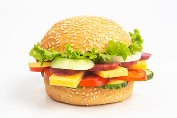 Hamburger with vegetables and sausage on a white background. Fast food and breakfast. Calories and diet.